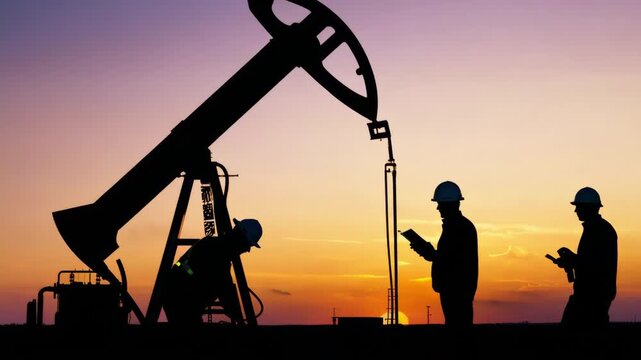 Crude oil production. Workers engineers work next to oil pump rigs silhouette. Gas industry. Mineral deposit. Industrial concept.
