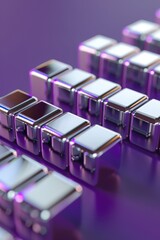 Close-up of 3D silver blocks creating a stock market uptrend, showcasing business growth on a purple background.