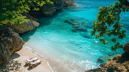 a beach with a couple of chairs