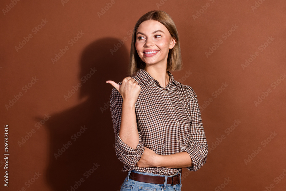 Sticker photo of lovely cute cheerful woman wear checkered stylish clothes look empty space news isolated on