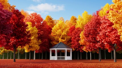 A tranquil park with a gazebo surrounded by trees in various shades of red, yellow, and orange, with copy space, high-resolution photo, realistic photo, cinematography, hyper realistic