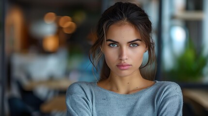 Obraz premium a woman with a blue shirt and a gray sweater