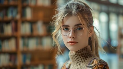 Obraz premium a woman wearing glasses in front of a book shelf