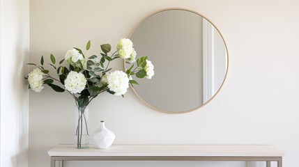 A welcoming entryway with a console table, a mirror, and a vase of fresh flowers, with copy space, high-resolution photo, realistic photo, hyper realistic