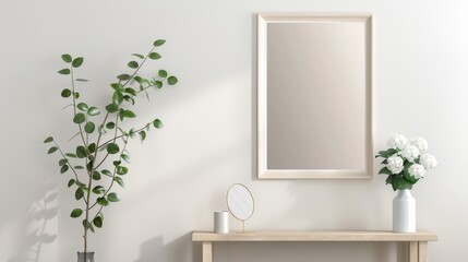 A welcoming entryway with a console table, a mirror, and a vase of fresh flowers, with copy space, high-resolution photo, realistic photo, hyper realistic
