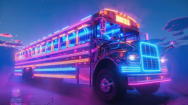 Disco party bus flying through the sky, neons, colorful, school party bus, white background. Generative AI.