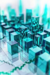 Close-up of 3D turquoise blocks in a stock market graph, indicating financial growth, against a white backdrop.