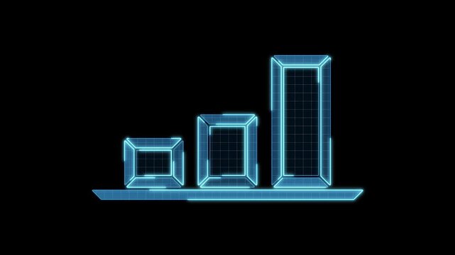 Report chart icon motion animation, continuous seamless loop from 1 to 7 second mark, turn on off animation, futuristic cyber technology look, neon laser lines on black background.