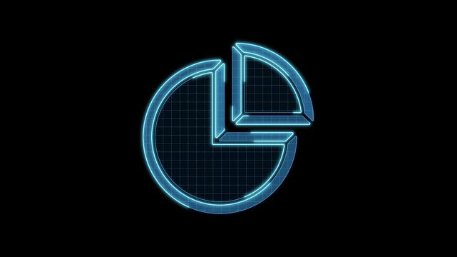 Pie graph icon motion animation, continuous seamless loop from 1 to 7 second mark, turn on off animation, futuristic cyber technology look, neon laser lines on black background.