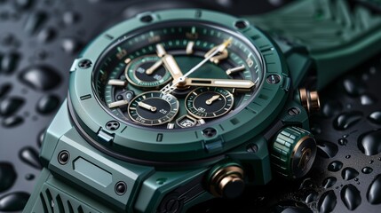 Green Chronograph Watch With Gold Accents On A Wet Surface
