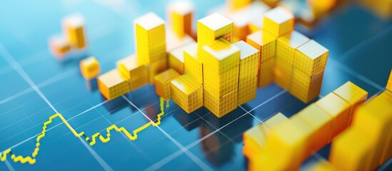 Close-up of 3D yellow blocks depicting a positive stock market chart, symbolizing financial success on a blue background.