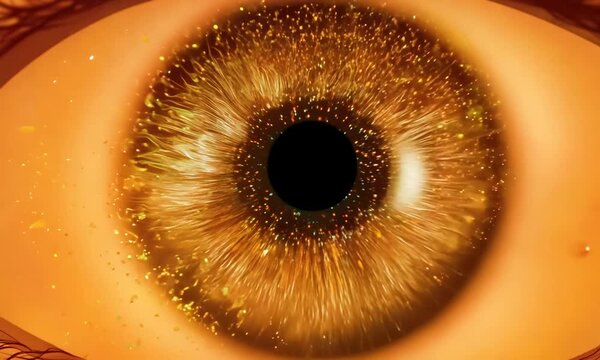 Close up: A human eye changes color, morphing through the powerful colors. Inside the eye, particles fluoresce, enhancing the vibrant transformation. Cinematic.