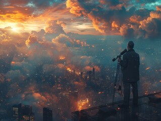 Fototapeta premium Visionary Businessman - Ambitious Executive on Rooftop with Telescope, Inspiring Cityscape and Skyline View | High-Resolution Digital Illustration