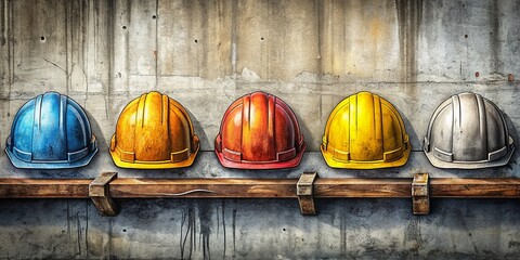 A row of worn hard hats resting on a weathered cement wall, symbolizing the importance of workplace safety and protection in the construction industry.