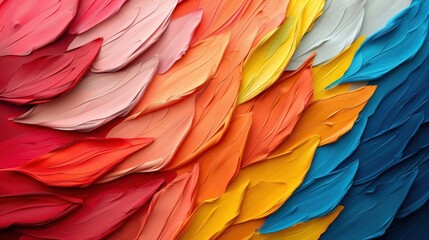 Fototapeta premium This image features a stunning array of colorful feather patterns arranged in a vibrant rainbow gradient, creating a visually appealing and dynamic abstract art piece.