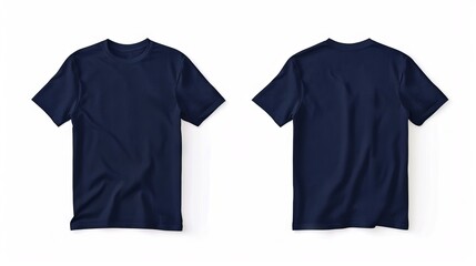 Two navy blue t - shirts on a white background.