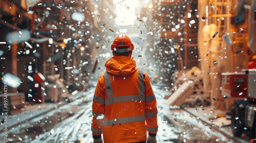Poster rear view, a construction worker at a beautiful construction site in the afternoon surrounded by sil