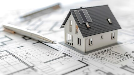 Architectural Model House on Blueprints with Solar Panels Highlighting Sustainable Home Design and Modern Construction Techniques