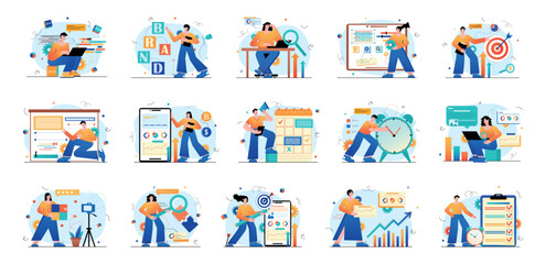Set of yellow-blue gradient concepts with people scene in flat cartoon design. The set of illustrations are done in saturated colors and cover a variety of topics. Vector illustration.