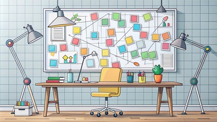 A creative workspace with a desk, lamp, and scattered papers, surrounded by colorful sticky notes and a large whiteboard with innovative ideas and diagrams.
