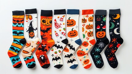 Colorful Halloween-themed socks with various spooky and festive designs, laid out in a row on a white background.