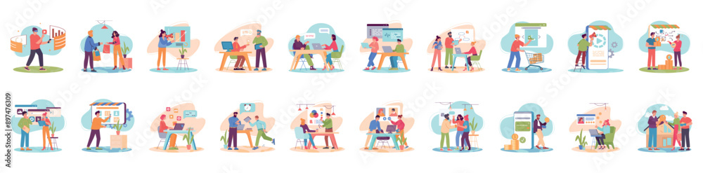 Wall mural mega set of soft color concepts with people scene in flat cartoon design. a huge selection of colorf