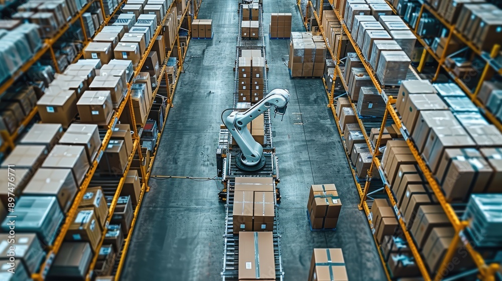 Poster A robotic arm with a palletizing tool, neatly stacking boxes of various sizes and colors. industrial warehouse setting. Generative AI.