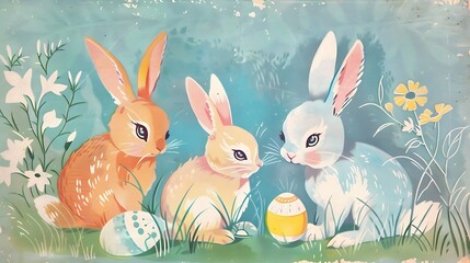 overly cute vintage illustration, kitschy Easter bunnies