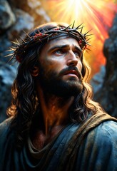 Jesus Christ wearing a crown of thorns. Biblical Resurrection of Jesus Christ