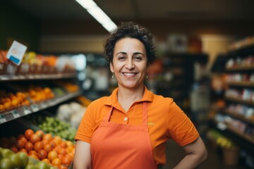 Obraz premium Portrait of a middle aged female grocery store worker