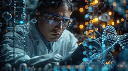 Cutting-Edge Genetic Research in High-Tech Lab - Hyper-Realistic Science Photography of Scientist Analyzing DNA Samples and Molecular Structures with Advanced Equipment and Digital Interfaces in 8K