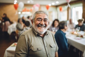 Portrait of a senior Hispanic man celebrating birthday in nursing home