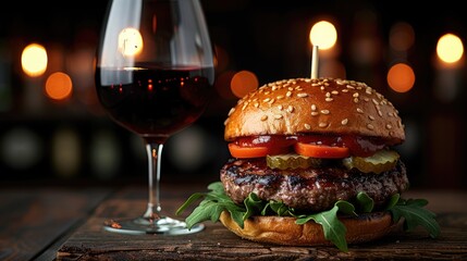 A photograph of a gourmet burger and a glass of red wine, vibrant and mouth-watering, on a rustic wooden table.