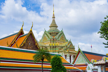 Fototapeta premium Picture of pagodas in Wat Pho in Bangkok, Thailand, one of Thailand's oldest temples.