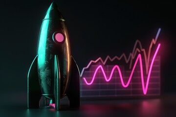 Dark emerald rocket and a neon pink graph on a black background, showcasing economic acceleration.