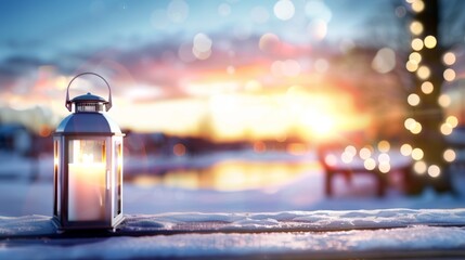 A candle is lit in a lantern on a snowy surface