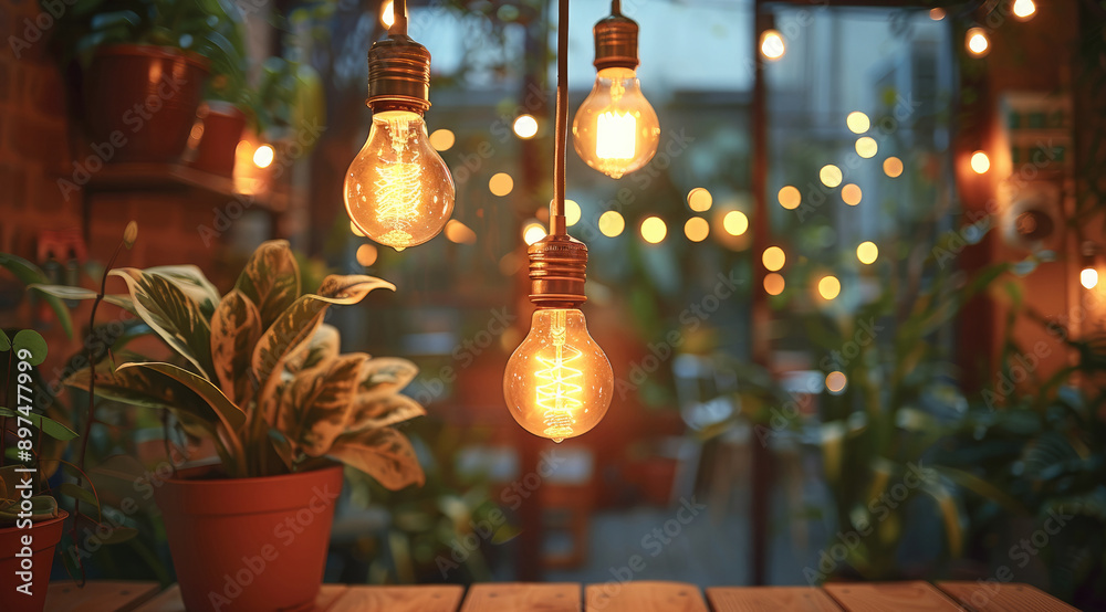 Poster vintage light bulbs hanging over a wooden table in a cozy room with potted plants and string lights 