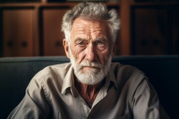 Portrait of a worried senior man sitting on the couch at home