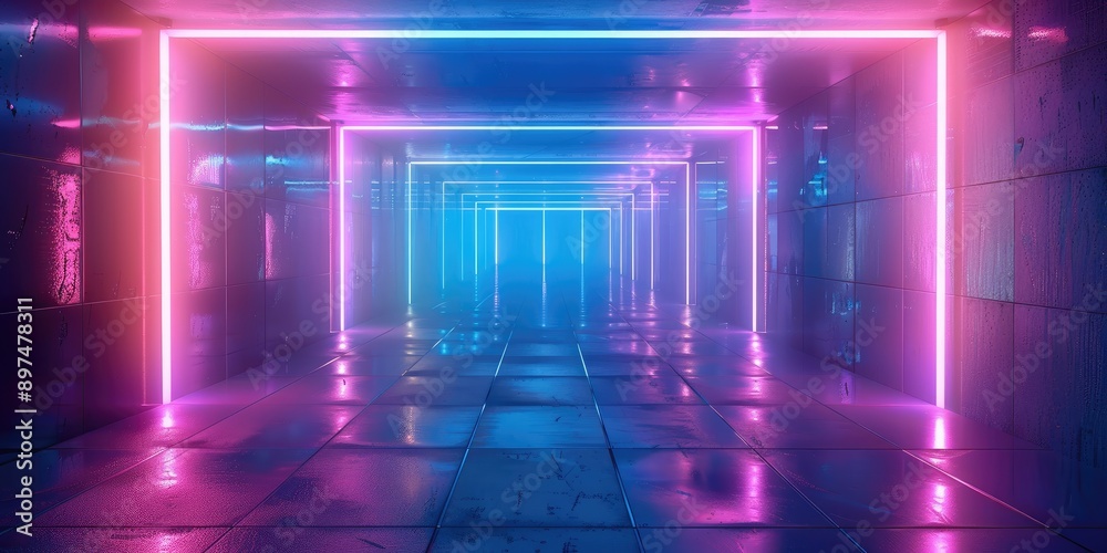 Poster Abstract background with neon blue and violet light, dark room, square glow, futuristic corridor, 3D render, virtual reality space. Generative AI.