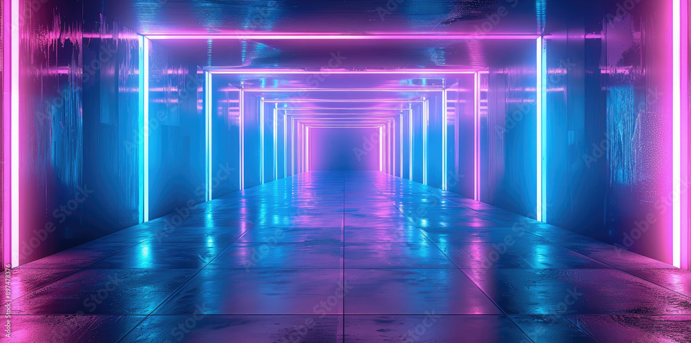 Poster abstract background with neon blue and violet light, dark room, square glow, futuristic corridor, 3d