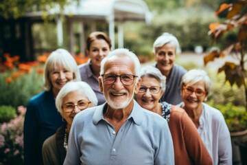 Portrait of a elderly group of seniors smiling in nursing home