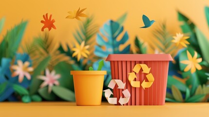 A vibrant illustration promoting eco-friendliness by showing a recycling bin and a plant pot surrounded by leaves and flowers, symbolizing nature conservation and sustainability.