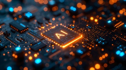 Obraz premium Close-up of an AI chip on a circuit board, glowing orange and blue lights. Advanced technology and artificial intelligence concept