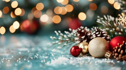 Fototapeta premium A festive arrangement of Christmas decorations, featuring pine cones, red and gold ornaments, green foliage, and twinkling lights, capturing the holiday spirit and warmth.