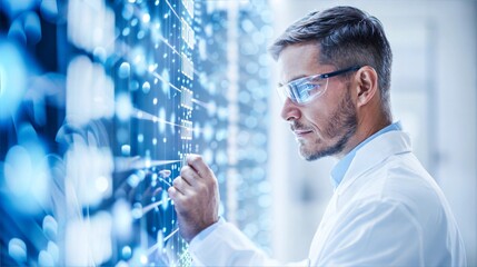 A scientist wearing safety glasses examines a digital interface with his finger, analyzing data in a modern server room