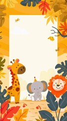 Fototapeta premium Jungle Birthday Card: A whimsical jungle scene with a giraffe, elephant, and lion, perfect for a special birthday invitation or greeting card. Adorable and inviting, this illustration is filled with v