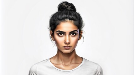 Fototapeta premium Serious and confident Indian female model with dark hair styled in a bun and calm expression poses in a casual t-shirt against a pure white background.