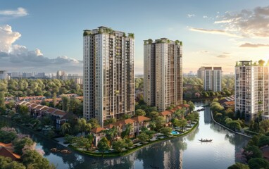 Obraz premium Modern Waterfront Living: A serene and luxurious residential complex nestled along a picturesque waterfront, with stunning views of the cityscape and lush greenery. This architectural masterpiece offe