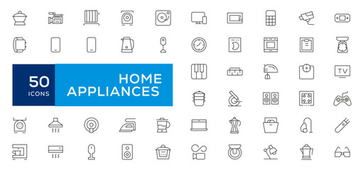 Home appliances and Household items simple line icon set. Editable stroke. icons for website. home symbols, furniture, kitchenware, Home appliances and electronics icons