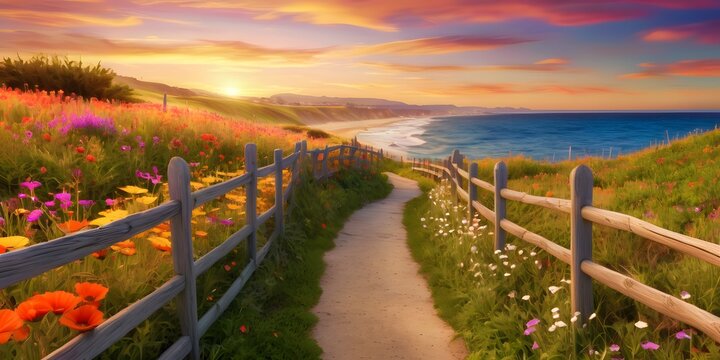 Scenic path through a colorful meadow by the coast, with vibrant flowers and a wooden fence, leading towards the ocean at sunset.